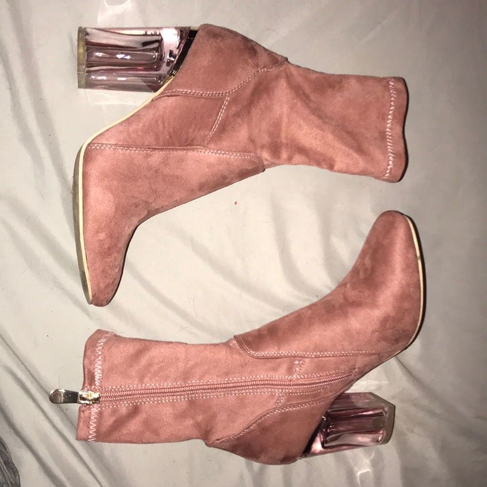 Pink suede high heeled boots